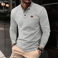 Men's Waffle Polo Shirt Golf Shirt Work Casual Stand Collar Long Sleeve Basic Modern Plain Button Spring   Fall Regular Fit Black White Royal Blue Khaki Gray Waffle Polo Shirt Lightinthebox