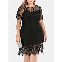 Women's Plus Size Lace Dress Black Dress Solid Color Midi Dress Short Sleeve Lace Mesh Crew Neck Fashion Daily Black Summer Spring L XL XXL 3XL 4XL Lightinthebox - thumbnail