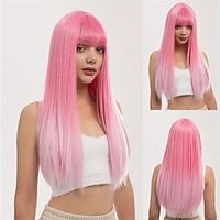 26 Inch Pink Long Straight Hair Wigs With Bangs For Women Soft Synthetic Fiber Hair Replacement Wigs For Role Playing Party Halloween Use Christmas Party Wigs miniinthebox - thumbnail