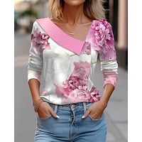 Women's T shirt Tee Pink Blue Floral Button Print Long Sleeve Daily Weekend Fashion V Neck Regular Fit Floral Painting Spring   Fall miniinthebox - thumbnail