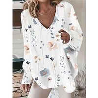 Women's Sweatshirt Pullover Active Streetwear White Floral Casual V Neck Long Sleeve Lightinthebox - thumbnail