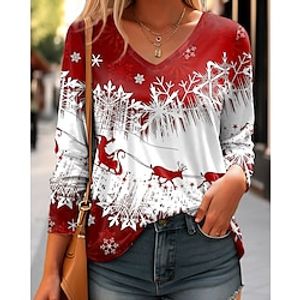 Christmas Shirt Women's T shirt Tee Reindeer Snowflake Red Print Long Sleeve Christmas Weekend Festival  Holiday V Neck Regular Fit Spring   Fall Lightinthebox