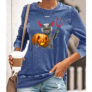 Women's Halloween Cat Abstract Painting T shirt Cat Pumpkin Long Sleeve Print Round Neck Basic Halloween Tops Cotton Blue Yellow Gray miniinthebox