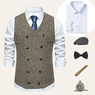Retro Vintage Roaring 20s 1920s Outfits Shirt Waistcoat Beret Hat Newsboy Cap Gentleman Gangster Men's Cosplay Costume Halloween Party  Evening Prom Festival Vest Lightinthebox