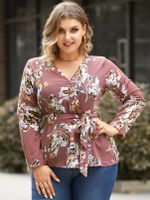 Plus Size V-neck Floral Print Belt Design Wrap Design Long Sleeves Blouse - thumbnail