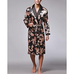 Men's Pajamas Silk Robe Sleepwear Bath Gown Dragon Plain Fashion Stylish Classic Home Daily Bed Polyester Comfort Soft V Neck Long Sleeve Belt Included Summer Spring Black Wine Lightinthebox