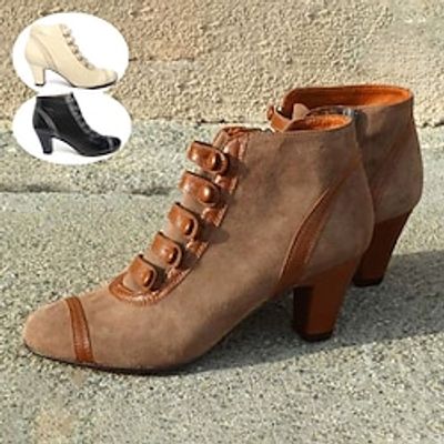 Women's Boots Button Boots Plus Size Heel Boots Party Outdoor Daily Color Block Booties Ankle Boots Winter Kitten Heel Round Toe Elegant Vacation Vintage Faux Leather Zipper Black Brown Beige miniinthebox