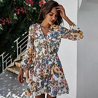 Women's A Line Dress Short Mini Dress Original design independent real shot White Black Dark Blue Long Sleeve Pattern Summer Casual 2021 S M L XL Lightinthebox - thumbnail