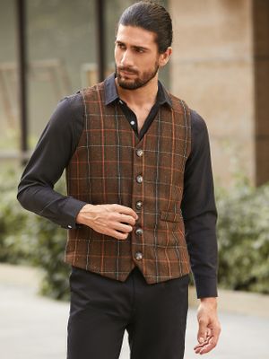 Men Casual Retro V-neck Plaid Print Sleeves Coat Tops Vests Men Casual Retro V-neck Plaid Print Sleeves Coat Tops Vests