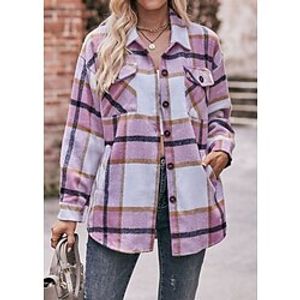 Women's Shirt Jacket Casual Outdoor Button Plaid Warm Fashion Regular Fit Outerwear Long Sleeve Fall claret Lightinthebox