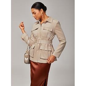 Women's Micro Suede Belted Fitted Jacket Utility Pockets Office Wear