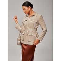 Women's Micro Suede Belted Fitted Jacket Utility Pockets Office Wear