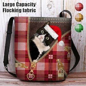Women's Crossbody Bag Shoulder Bag Fluffy Bag Polyester Outdoor Christmas Daily Print Large Capacity Lightweight Durable Plaid Cat Yellow Red Green Lightinthebox