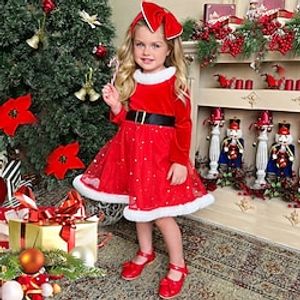 Kids Girls' Christmas Dress 2pcs Sequin Solid Colored A Line Dress Vacation Red Asymmetrical Long Sleeve Beautiful Sweet Dresses Regular Fit 2-6 Years Lightinthebox