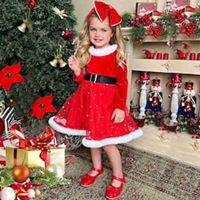 Kids Girls' Christmas Dress 2pcs Sequin Solid Colored A Line Dress Vacation Red Asymmetrical Long Sleeve Beautiful Sweet Dresses Regular Fit 2-6 Years Lightinthebox