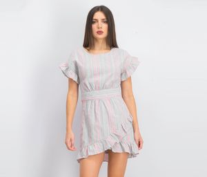 Womens Ruffle Dress  Grey/Neon Pink