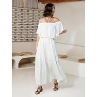 Women's Casual White Dress Off Shoulder Flare Solid Boho Ruffle Maxi Dress