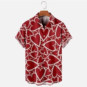 Heart Casual Men's Shirt Button Up Shirt Casual Shirt Daily Wear Date Vacation Spring  Summer Lapel Short Sleeves Black, Red, Blue S, M, L Polyester Shirt Valentine's Day Lightinthebox