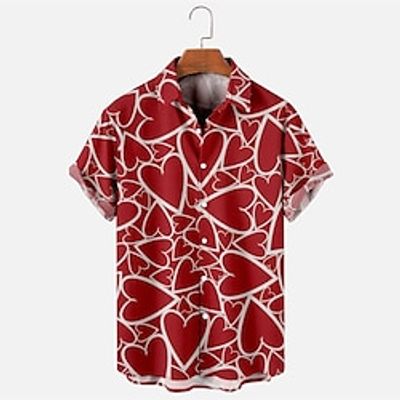 Heart Casual Men's Shirt Button Up Shirt Casual Shirt Daily Wear Date Vacation Spring  Summer Lapel Short Sleeves Black, Red, Blue S, M, L Polyester Shirt Valentine's Day Lightinthebox