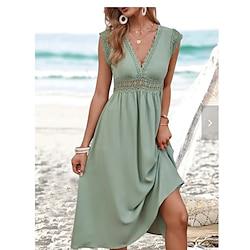 Women's A Line Dress Plain Dress Midi Dress Zipper Eyelet Elegant Hawaiian V Neck Short Sleeve Green Color Lightinthebox