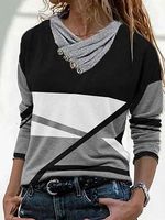 Fashion Color Matching Pile Collar Long-sleeved Casual T-shirt