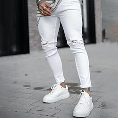 Men's Jeans Skinny Trousers Denim Pants Button Pocket Ripped Plain Comfort Breathable Outdoor Daily Going out Fashion Casual White Yellow Lightinthebox