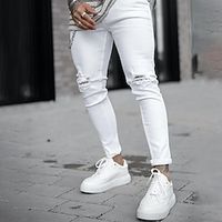 Men's Jeans Skinny Trousers Denim Pants Button Pocket Ripped Plain Comfort Breathable Outdoor Daily Going out Fashion Casual White Yellow miniinthebox