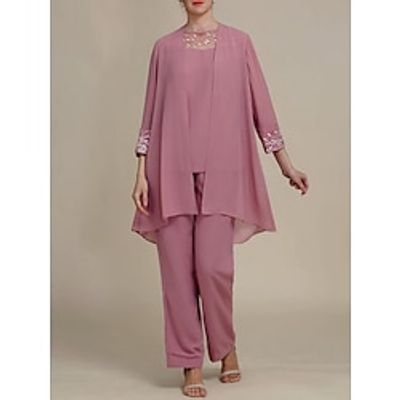 Jumpsuits Mother of the Bride Dress Wedding Guest Elegant Scoop Neck Ankle Length Chiffon Long Sleeve with Embroidery Ruching 2023 Lightinthebox