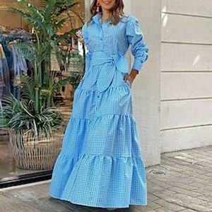 Women's Shirt Dress Swing Dress Plaid Dress Long Dress Maxi Dress Black Yellow Sky Blue Long Sleeve Plaid Bow Winter Fall Autumn Shirt Collar Fashion Winter Dress Weekend Fall Dress 2022 S M L XL XXL Lightinthebox