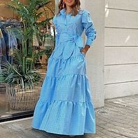 Women's Shirt Dress Swing Dress Plaid Dress Long Dress Maxi Dress Black Yellow Sky Blue Long Sleeve Plaid Bow Winter Fall Autumn Shirt Collar Fashion Winter Dress Weekend Fall Dress 2022 S M L XL XXL Lightinthebox - thumbnail