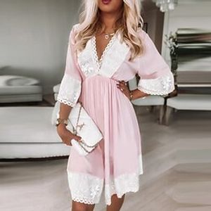 Women's A Line Dress Short Mini Dress Pink 34 Length Sleeve Floral Color Block Lace Spring Summer V Neck Elegant Mature 2022 S M L XL XXL Lightinthebox