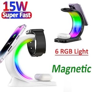4 in 1 RGB LED Magnetic Wireless Charger Stand For iPhone 14 13 12 Pro Max 15W Fast Charging Station For Airpods Apple Watch 7 6 miniinthebox