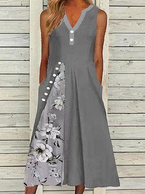 Casual Floral Print Sleeveless V Neck Midi Dress