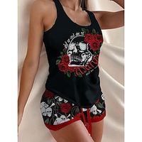 Women's Halloween Lounge Sets Skeleton Rose Pattern Heart Flower Casual Comfort Home Halloween Bed Polyester Breathable Crew Neck Short Sleeve Tank Top Shorts Fall Winter Red black Black Lightinthebox - thumbnail