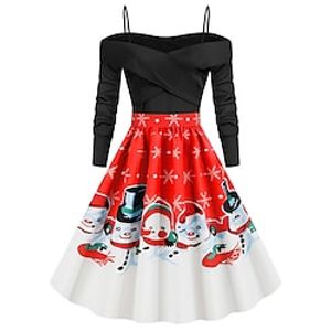 Women's Christmas Vintage Dress  Knee Length Dress Green Blue Red Long Sleeve Snowman Snowflake Print Fall Winter Spaghetti Strap Vacation 2022 S M L XL XXL miniinthebox