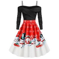 Women's Christmas Vintage Dress  Knee Length Dress Green Blue Red Long Sleeve Snowman Snowflake Print Fall Winter Spaghetti Strap Vacation 2022 S M L XL XXL miniinthebox - thumbnail