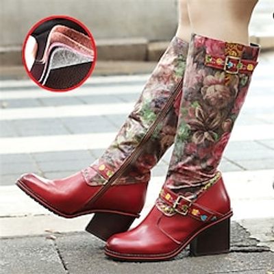 Women's Boots Handmade Shoes Heel Boots Daily Knee High Boots Zipper Chunky Heel Round Toe Vintage Fashion Leather Polyester Sheepskin Zipper Floral Light Red Lightinthebox