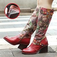 Women's Boots Handmade Shoes Heel Boots Daily Knee High Boots Zipper Chunky Heel Round Toe Vintage Fashion Leather Polyester Sheepskin Zipper Floral Light Red miniinthebox - thumbnail