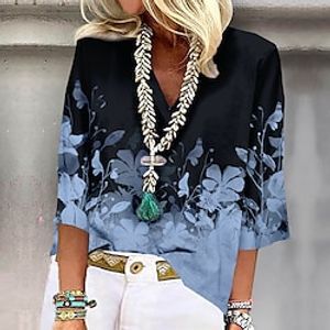 Women's Shirt Blouse Blue Purple Green Floral Print Half Sleeve Casual Holiday Basic V Neck Regular Floral S miniinthebox