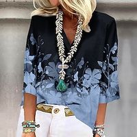 Women's Shirt Blouse Blue Purple Green Floral Print Half Sleeve Casual Holiday Basic V Neck Regular Floral S miniinthebox - thumbnail