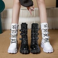 Women's Boots Combat Boots Plus Size Daily Mid Calf Boots Winter Block Heel Round Toe Casual PU Leather Lace-up Solid Colored Black White miniinthebox - thumbnail