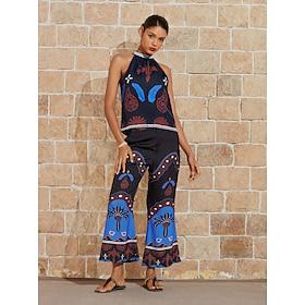 Satin Feather Palm Leaf Shirt Beach Vacation Pants Set