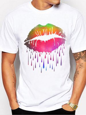 BASICS Men Summer Casual Soft Colorful Lips Print T-Shirt