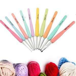 Set Of 10 Multi Colour Soft Grip Handle Aluminum Crochet Hooks Knitting Needles