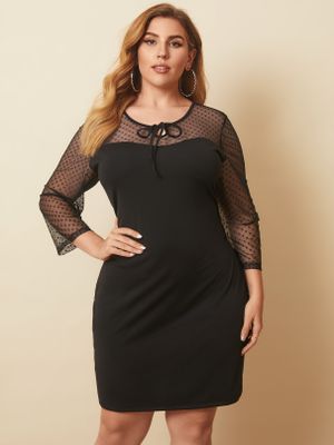 Plus Size Mesh Polka Dot Patchwork Self-tie Design Midi Dress Plus Size Mesh Polka Dot Patchwork Self-tie Design Midi Dress