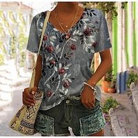 Women's T shirt Tee Gray Floral Print Short Sleeve Holiday Weekend Basic V Neck Regular Floral Painting S Lightinthebox - thumbnail