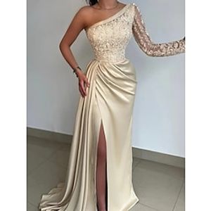 Mermaid  Trumpet Evening Gown Hot Dress Formal Sweep  Brush Train Long Sleeve One Shoulder Bridesmaid Dress Charmeuse with Rhinestone Appliques 2023 Lightinthebox