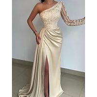 Mermaid  Trumpet Evening Gown Hot Dress Formal Sweep  Brush Train Long Sleeve One Shoulder Bridesmaid Dress Charmeuse with Rhinestone Appliques 2023 Lightinthebox - thumbnail