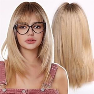 Light Blonde Wigs for Women layered Straight Wig with Bangs Natural Synthetic Hair with Dark Roots Lightinthebox