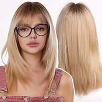 Light Blonde Wigs for Women layered Straight Wig with Bangs Natural Synthetic Hair with Dark Roots miniinthebox